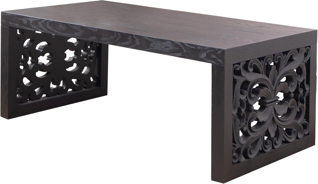 Rectangular Coffee Table with Handcrafted Ornate Side Panels, Rustic Center Table with Solid Wood Veneered, Farmhouse Tea Table for Living Room Office Apartment,47.2' L x 23.6' W x 17.9' H