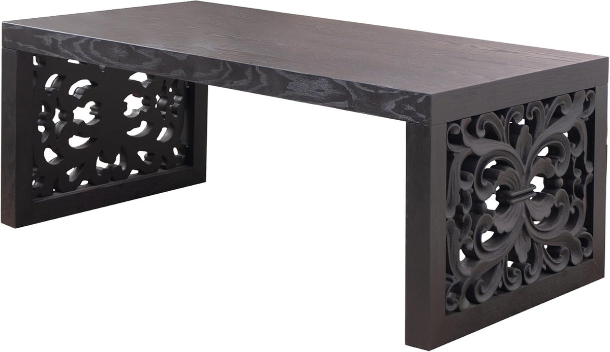Rectangular Coffee Table with Handcrafted Ornate Side Panels, Rustic Center Table with Solid Wood Veneered, Farmhouse Tea Table for Living Room Office Apartment,47.2' L x 23.6' W x 17.9' H