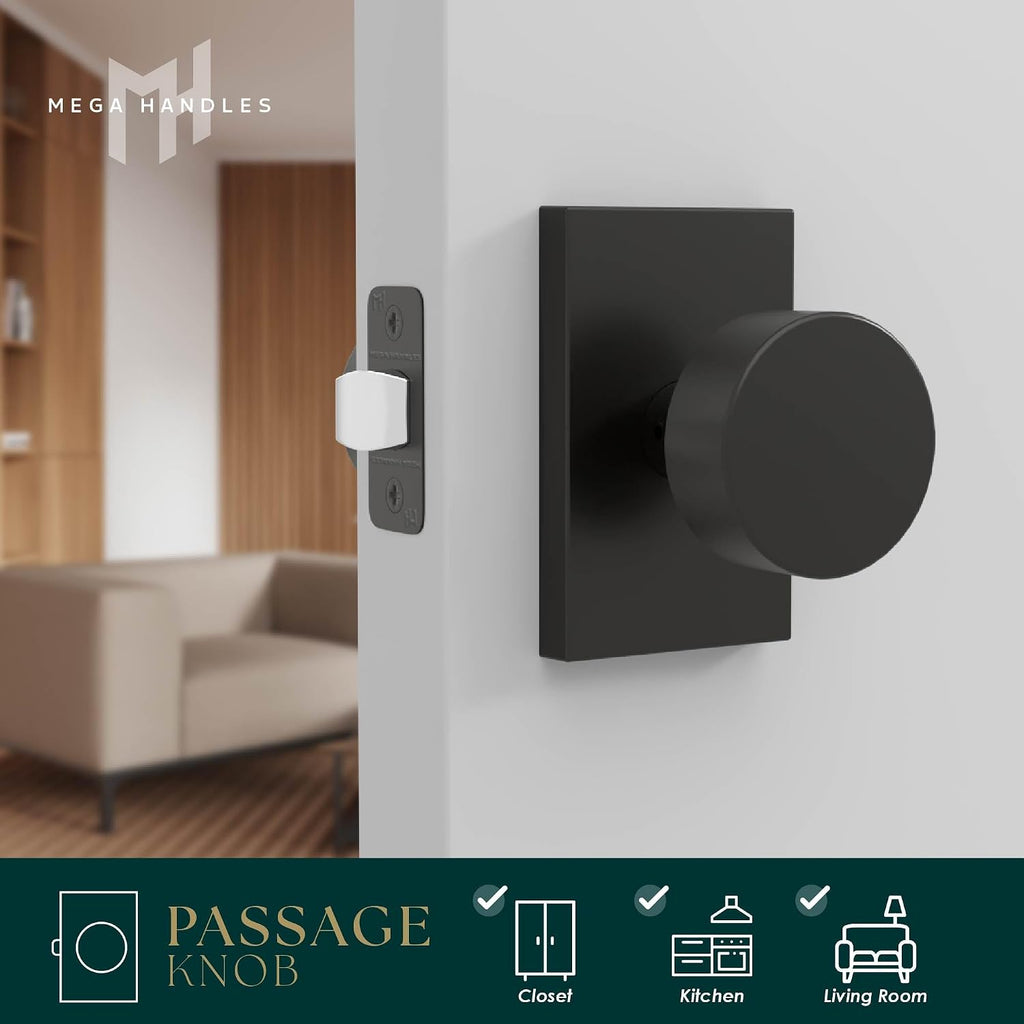 Mega Handles Laura Passage Door Knobs - 3 Pack Reversible Interior Door Knobs, Heavy Duty Matte Black Door Knob for Closet & Hallway, No Lock, Fits All Standard Door Sizes - Matte Black