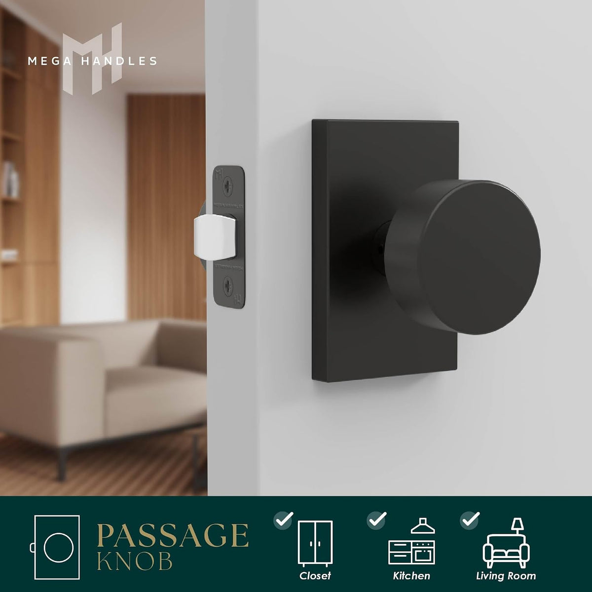 Mega Handles Laura Passage Door Knobs - 3 Pack Reversible Interior Door Knobs, Heavy Duty Matte Black Door Knob for Closet & Hallway, No Lock, Fits All Standard Door Sizes - Matte Black