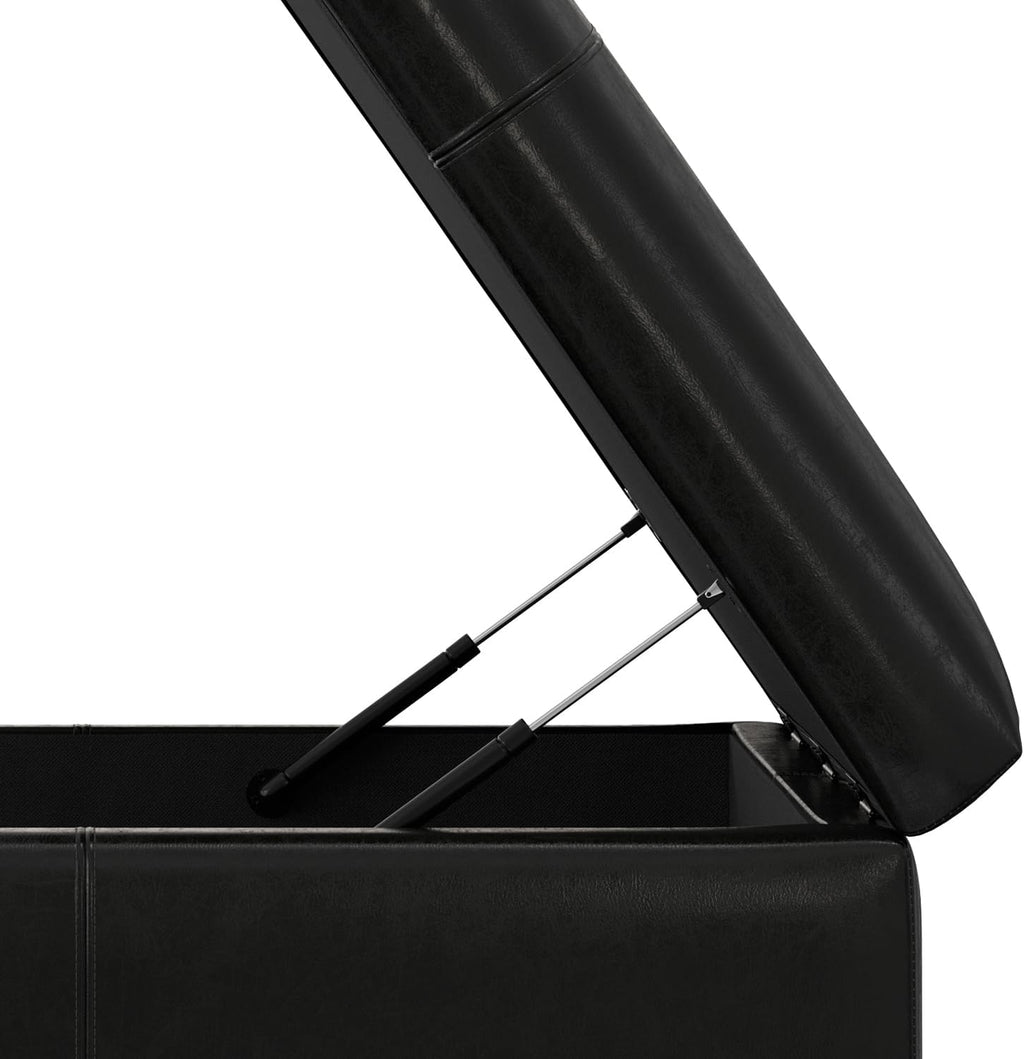 SIMPLIHOME Gabbie Storage Ottoman - 48 inch Wide Upholstered Vegan Leather Rectangle Storage Ottoman Bench in Midnight Black, Contemporary Ottoman for Living Room with Lift-Up Lid