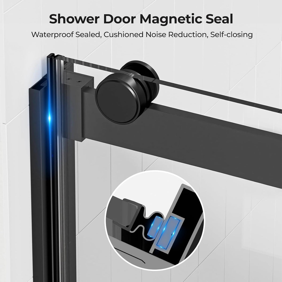 Bathbliss Frameless Sliding Shower Door, 56-60' W×76' H Shower Door and Sliding Glass Shower Door with Towel Holder, 5/16' (8mm) Tempered Glass with Easy-Clean Coating, Matte Black