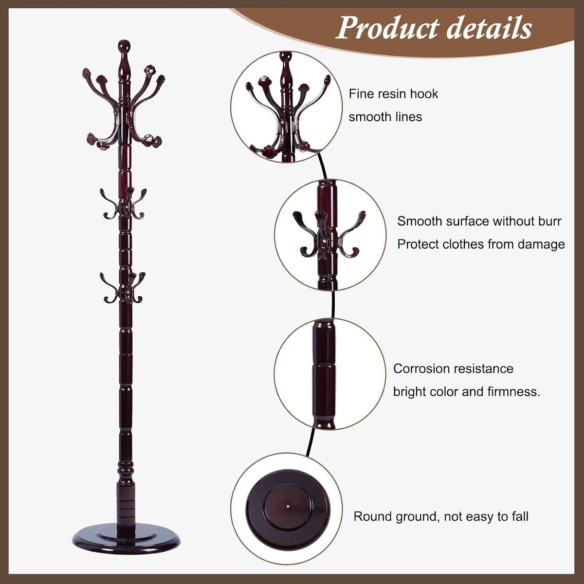 Wooden Coat Rack Freestanding, Vintage Coat Racks with Sturdy Round Base, Adjustable Height 37.40'-72.83' Entrance Coat Rack for Bedroom Living Room Entryway (Rosewood Ruyi Hook)
