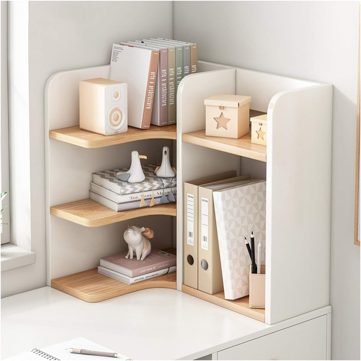 Bookshelf 3 Tier Desktop Bookshelf Wood Desktop Organizer Freestanding Countertop Bookcase Office Kitchen Corner Shelf Unit ，White+Log Color Bookcase Bookcase freestanding