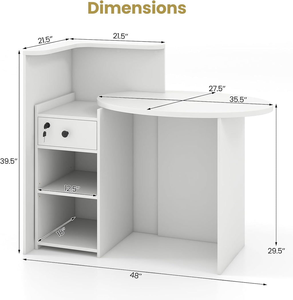 Reception Desk, Small Retail Checkout Counter with Lockable Drawer and Open Shelves, Wooden Front Desk Reception Counter, Oval Desktop & L Counter for Store Office Lobby Salon (White)