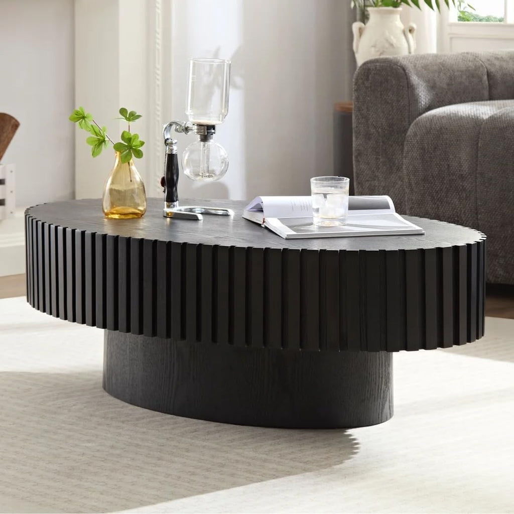 Oval Drum Coffee Table 43.3'' Handcraft Fluted Coffee Table Modern Unique Circle Accent Center Table for Living Room with Sturdy Pedestal Gear Easy Assembly for Small Space,43' Oval Black