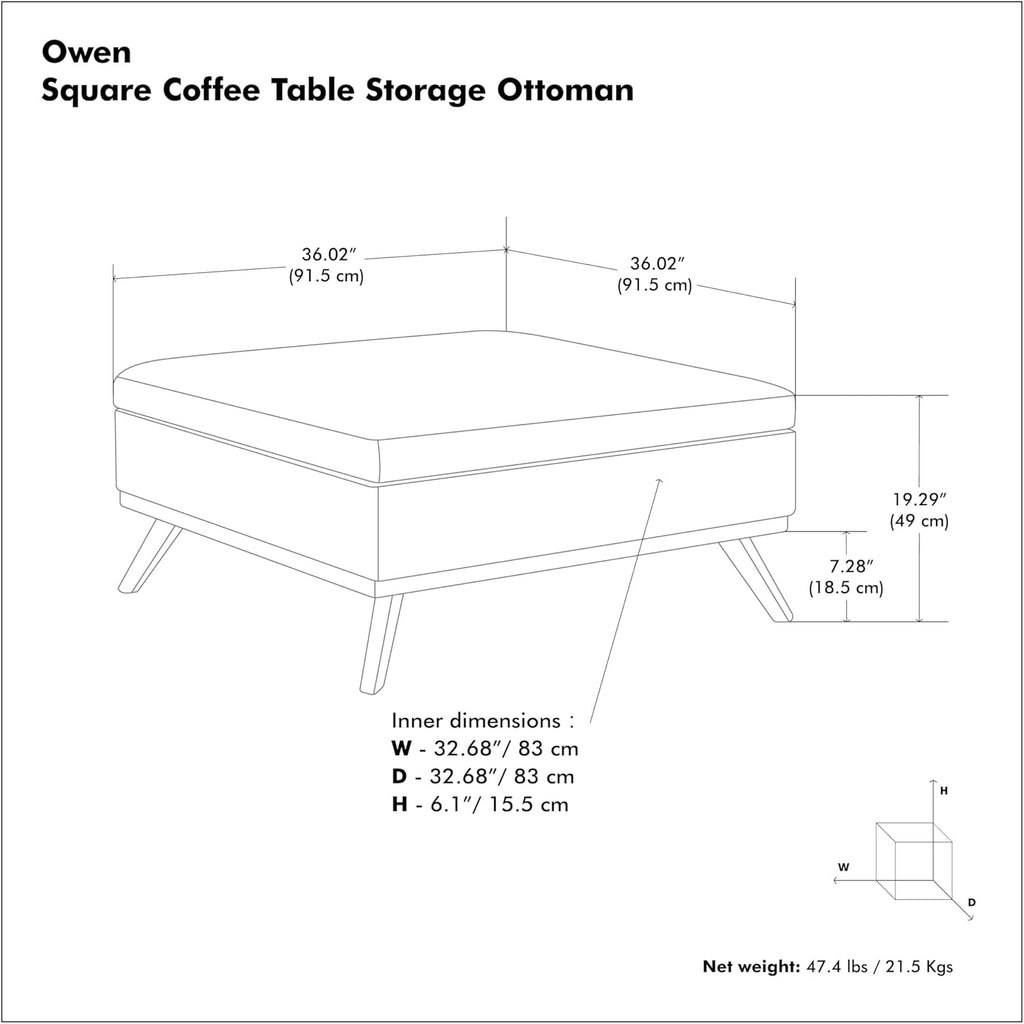 SIMPLIHOME Owen Square Coffee Table Storage Ottoman - 36 inch Wide Upholstered Vegan Leather Lift-Top Ottoman in Distressed Chestnut Brown, Mid-Century Ottoman for Living Room with Tufted Detail