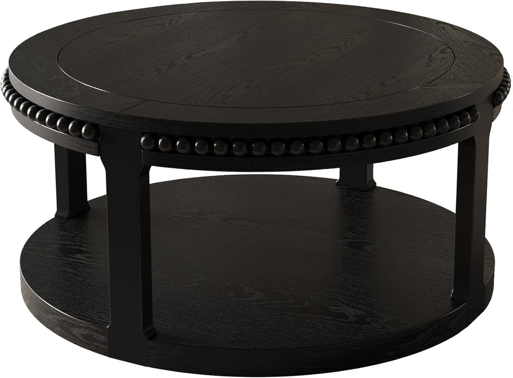 Round Coffee Table for Living Room 31.5' W Small Coffee Tables with Storage Shelf 2-Tier Modern Design Industrial Circle Wood Center Home Furniture Apartment Office Black