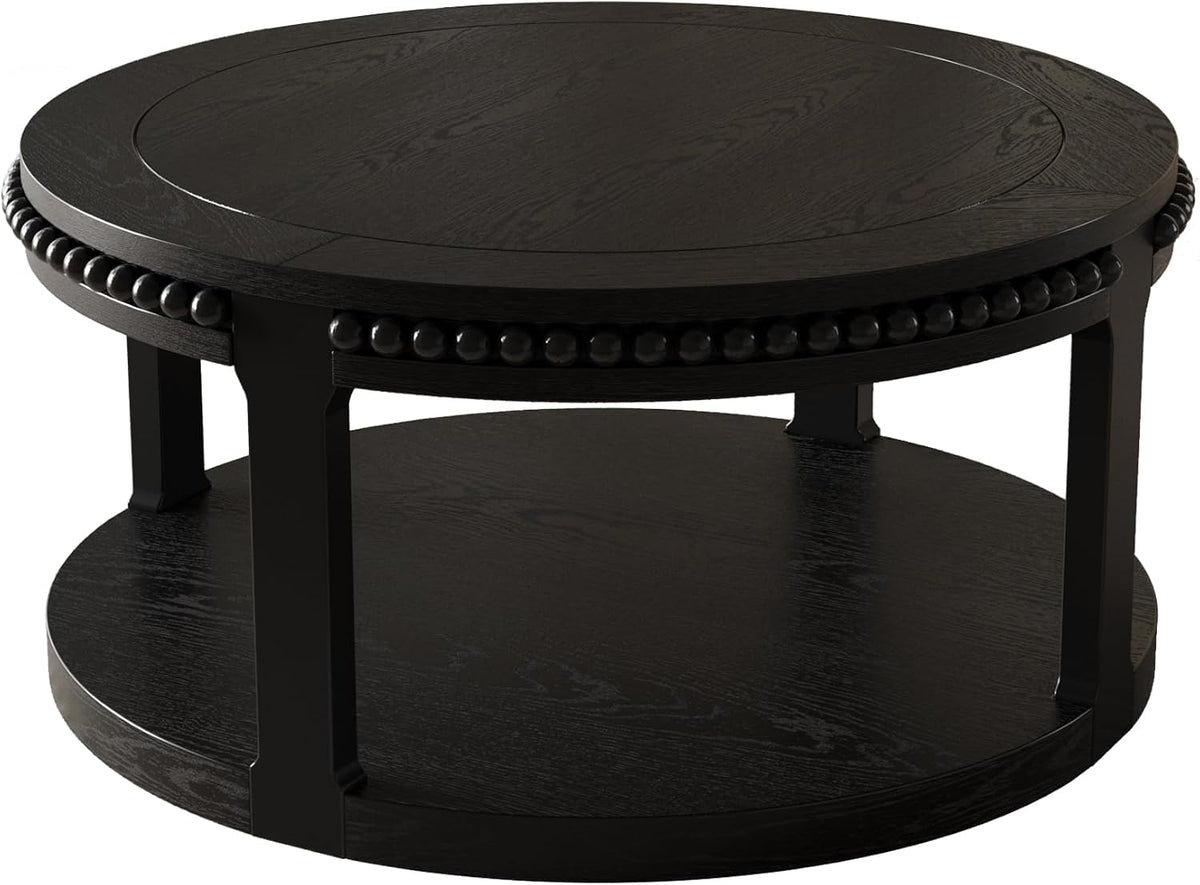 Round Coffee Table for Living Room 31.5' W Small Coffee Tables with Storage Shelf 2-Tier Modern Design Industrial Circle Wood Center Home Furniture Apartment Office Black