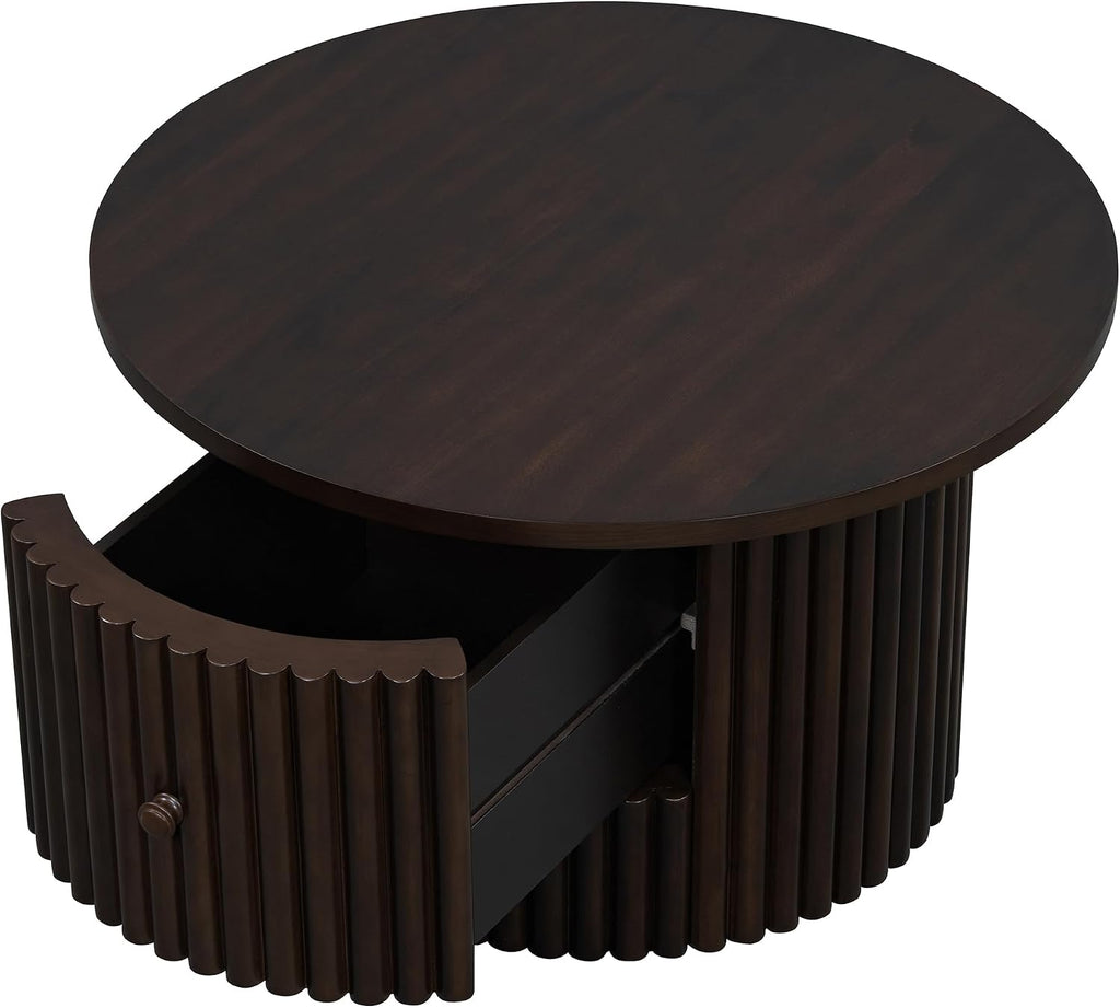 Round Coffee Table for Living Room in Dark Brown, Farmhouse Coffee Table with a Drawer, Center Table with Vertical Slat Base in 30.5'