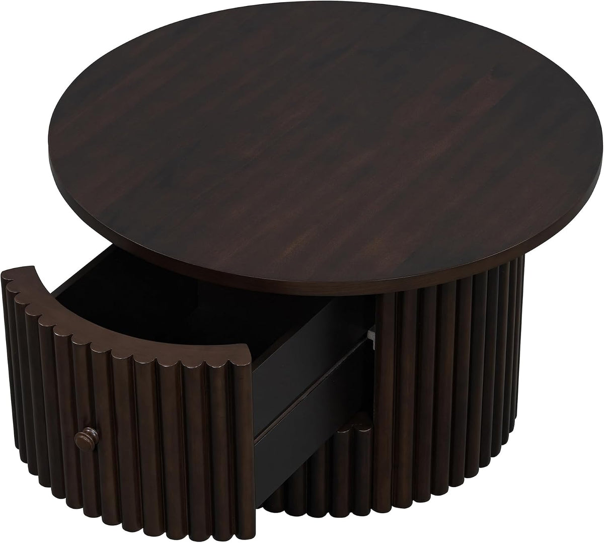 Round Coffee Table for Living Room in Dark Brown, Farmhouse Coffee Table with a Drawer, Center Table with Vertical Slat Base in 30.5'
