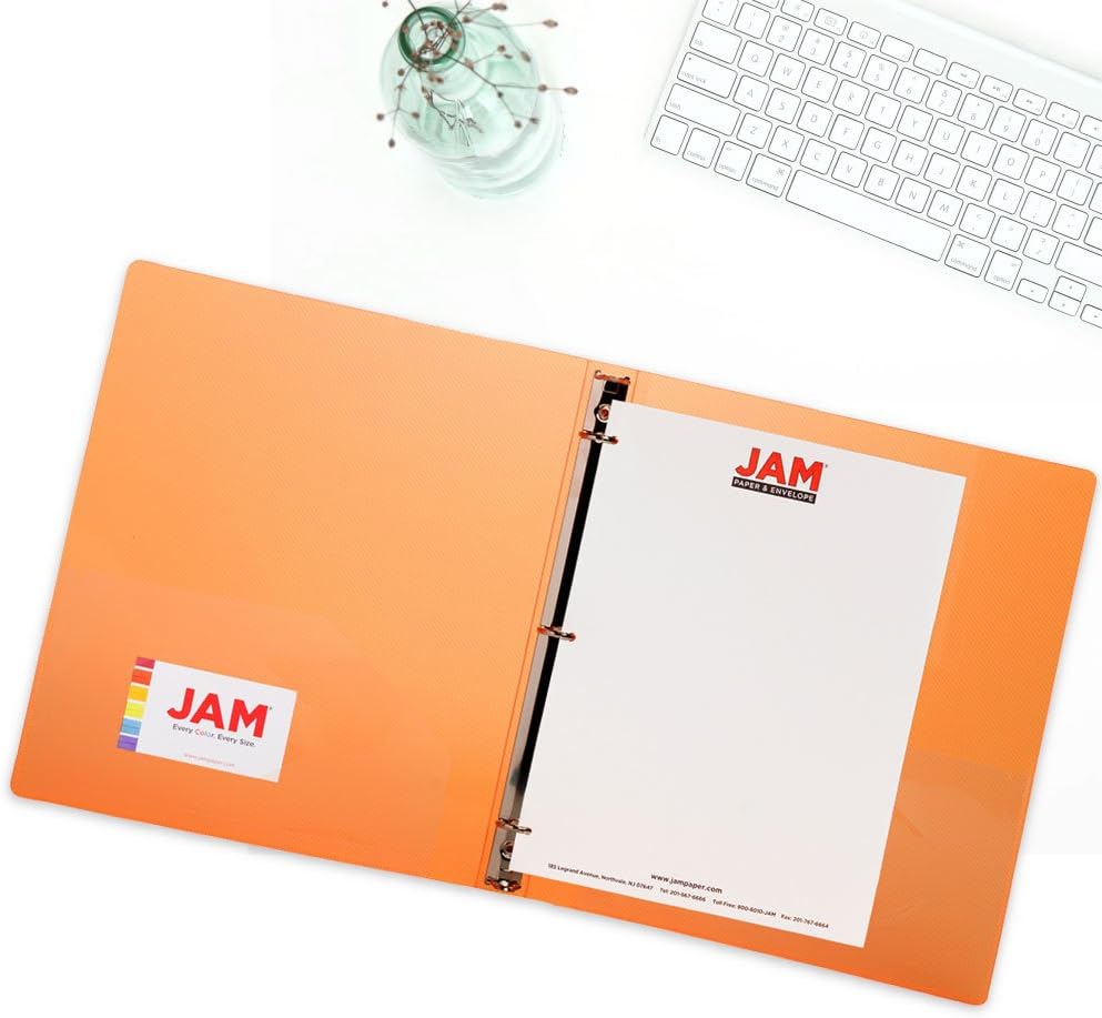 JAM PAPER Plastic 0.75 inch Binders - Orange 3 Ring Binder - Bulk 36/Pack