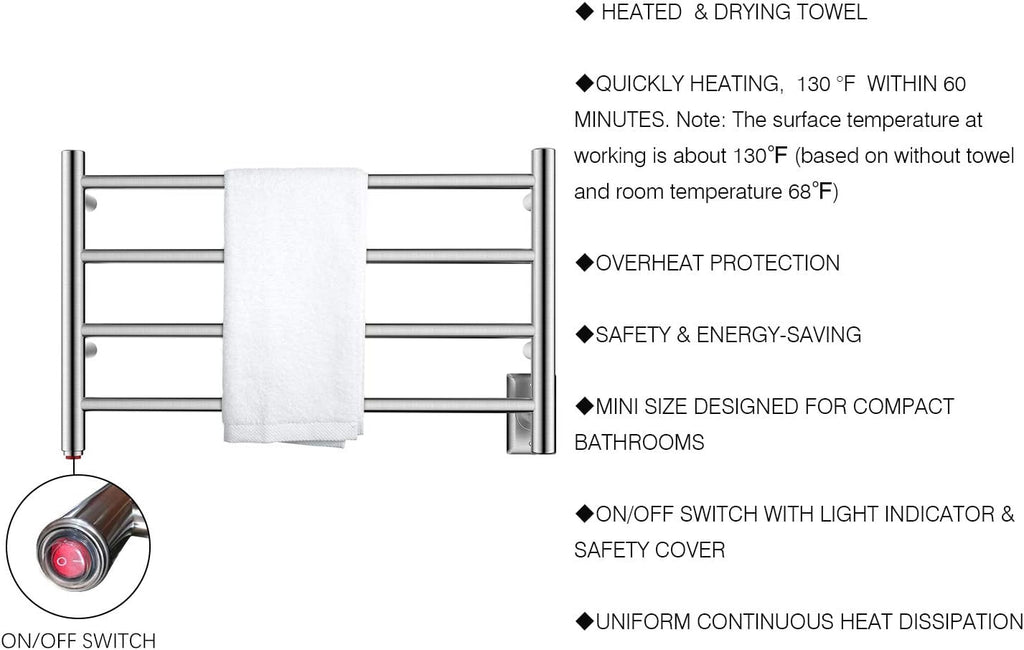 HEATGENE Towel Warmer 4 Bar Towel Dryer Wall-Mounted Plug-in Bath Towel Heater - Brushed