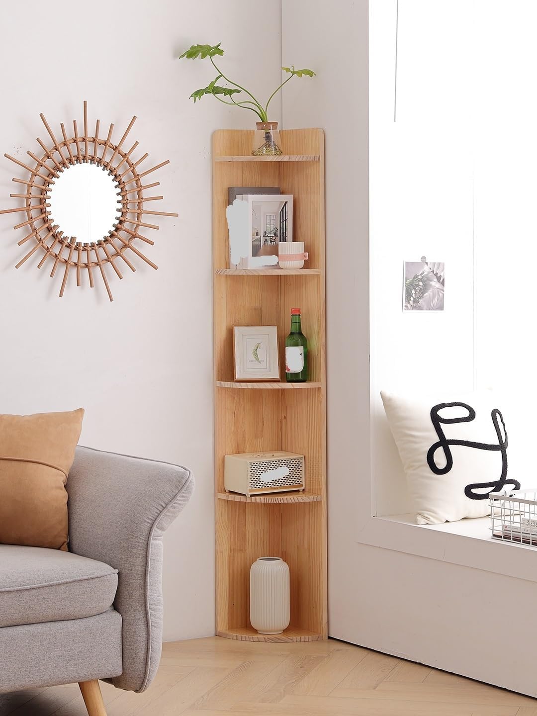 Wall Corner Bookshelf, Wooden 5 Tier Corner Shelf Corner Bookshelf Corner Storage Rack Shelves Display Stand for Home Office Corner Shelf Plant Stand(150 * 24cm)