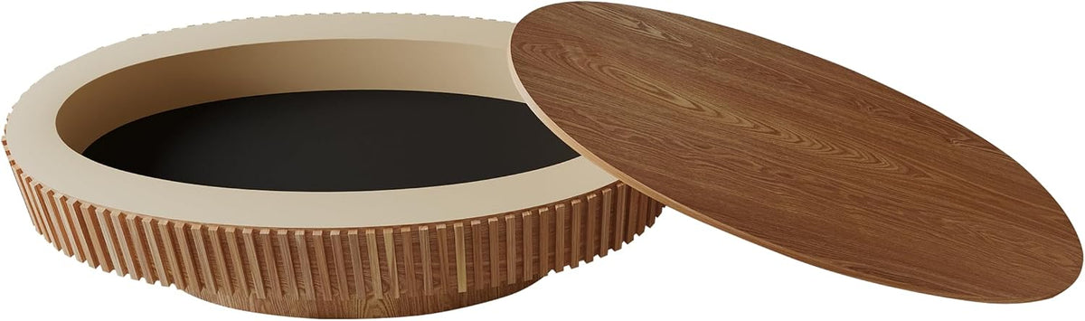 Oval Coffee Table for Living Room Modern Wood Center Tables with Storage Drum Tea Cocktail Fluted Mid Century Apartment Easy Assemble, Wood 31.5' D x 47.2' W x14.2 H
