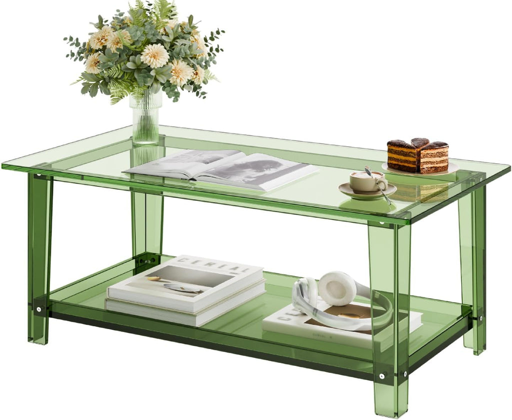 VEVOR Acrylic Coffee Table, 2-Tiers Center Table with Open Storage Shelf, Modern Rectangle Acrylic Coffe Desk for Living Room, Dining Room, Kitchen Island, Office, 31.5' W x 19.7' D x 15.7' H, Green