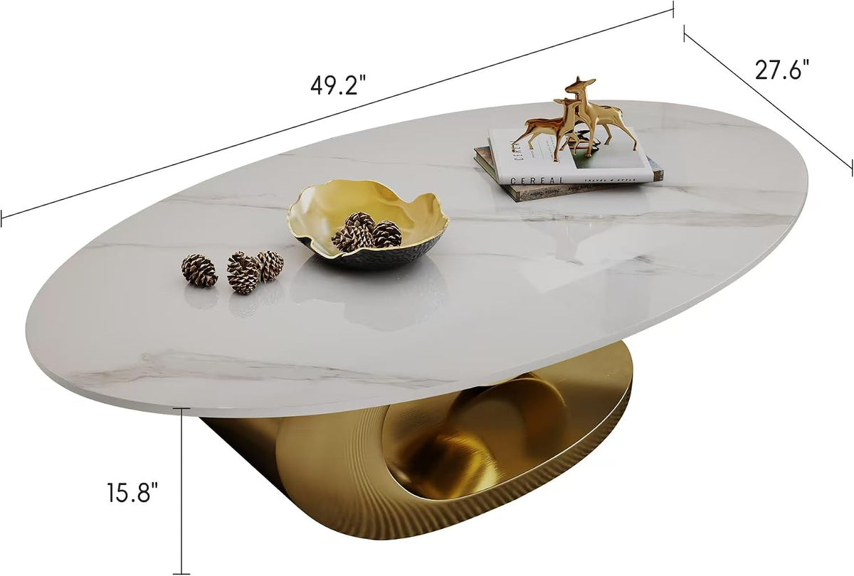 Marble Grain Coffee Table with Gold Stainless Steel Pedestal,Modern Coffee Tables,Oval Living Room Table with Faux Marble Top & Luxury Legs,Sintered Stone Cocktail Center Table,49.20inch