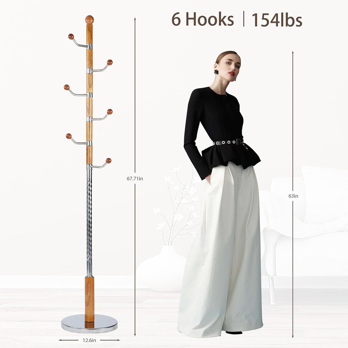 Coat Rack Freestanding, Metal Wooden Coat Tree with 6 Hooks, Heavy Duty Coat Hanger Stand with Resin and Stainless Steel Base, Free Standing Hall Tree for Scarf, Bag, Jacket (Metal)