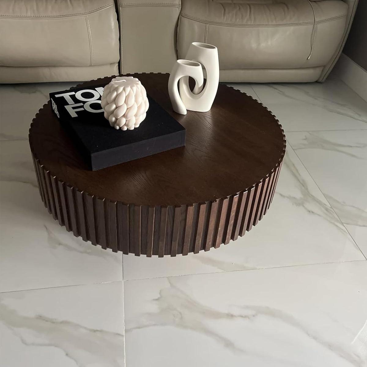 31.49' Walnut Coffee Table Round Wood, Modern Unique Fluted Tea Table, Contemporary Drum Circle Accent Center Table for Living Room, Small Space, Apartment