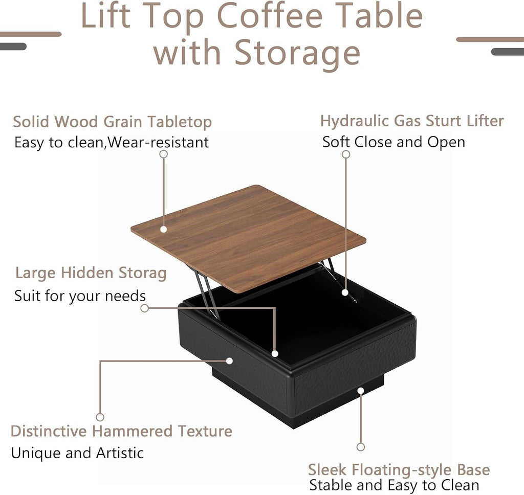 31.5' Lift Top Coffee Tables for Living Room,Mid Century Modern Square Coffee Table with Hidden Storage, Wood Center Tea Table with Stable Honeycomb Pattern Base for Apartment Small Space,Black