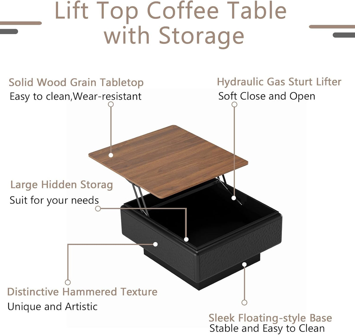 31.5' Lift Top Coffee Tables for Living Room,Mid Century Modern Square Coffee Table with Hidden Storage, Wood Center Tea Table with Stable Honeycomb Pattern Base for Apartment Small Space,Black