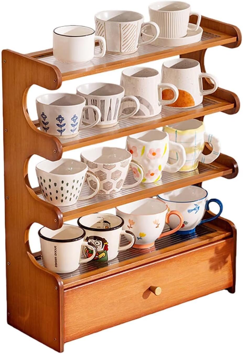 Coffee Mug Holder Bamboo Cup Rack, 4-Tier with Drawer Acrylic Home Display Rack for Kitchen Countertops, Coffee Bars, for Placing Mugs, Syrup, Cups, Stirrers