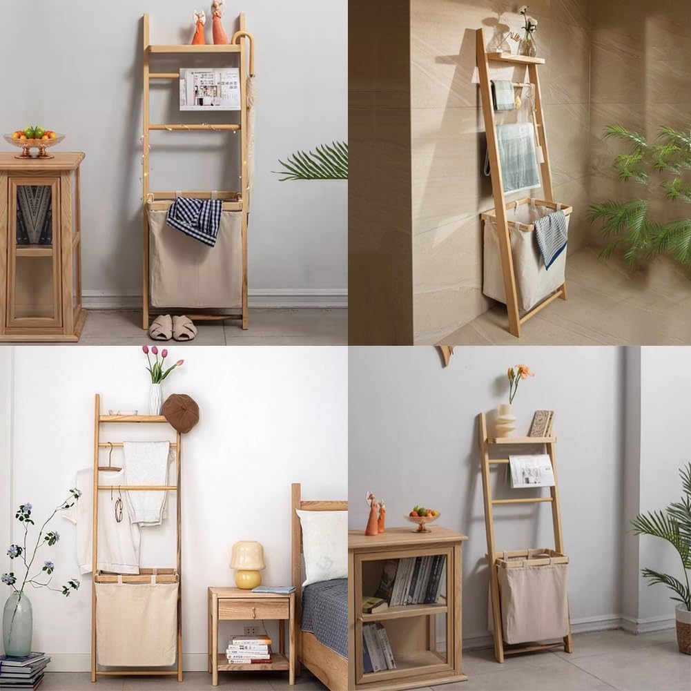 Wooden Bath Towel Ladder Rack, Dirty Clothes Basket Wall Leaning Blanket Throw Hanger Stand with Drying Bar Storage Holder And Hamper Basket for Bathroom Bedroom ( Color : Natural , Size : 44x27.5x133