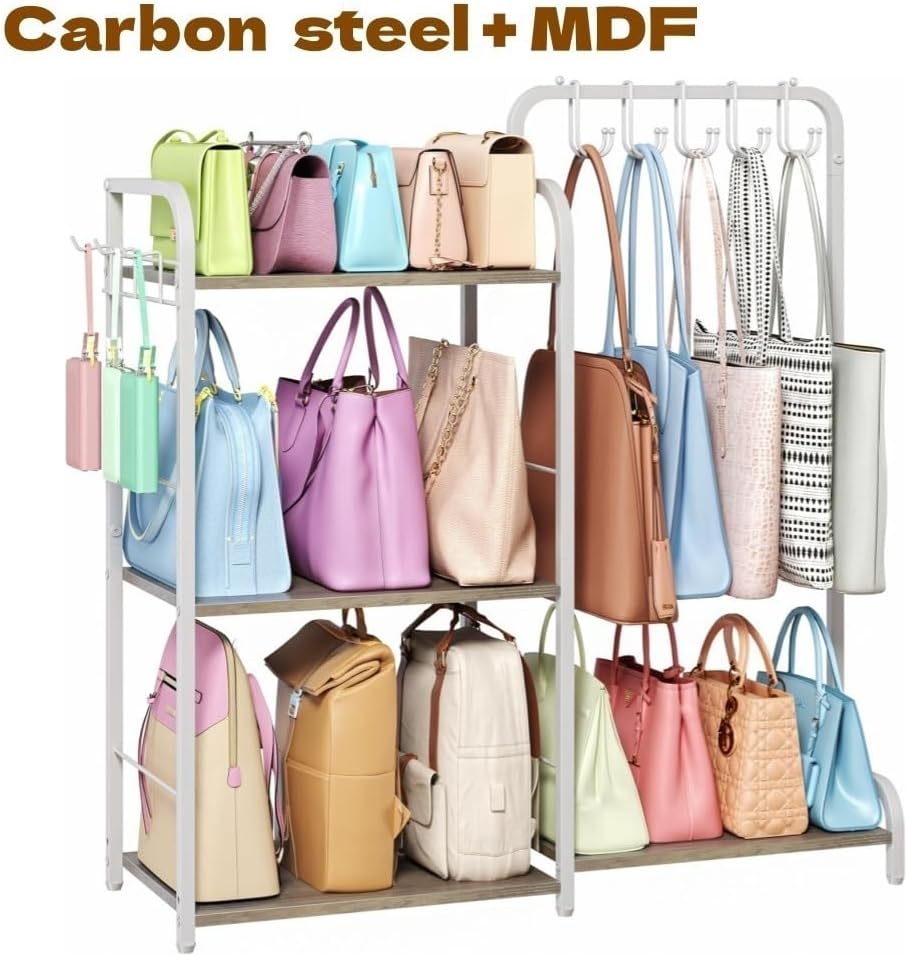 Large Capacity Mental Purse Organizer for Closet, Multifunctional 3-Tier Bag Rack with Hooks, Freestanding Handbag Storage for Cloakroom, Bedroom, Living Room