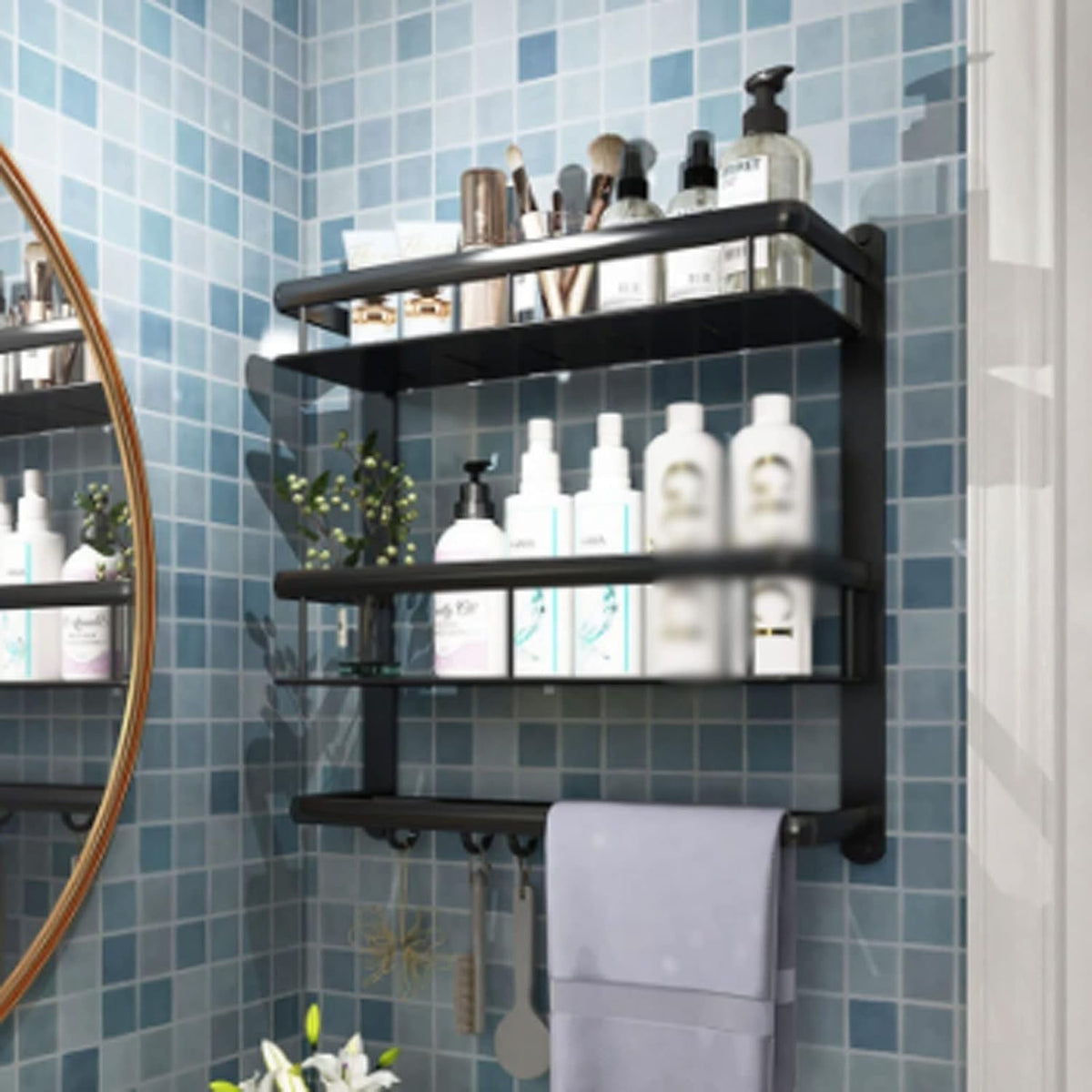 Storage Holders Black Shelf Aluminum Shower Caddy Corner Shelves Bath Towel Rack Shampoo Holder with Bar Hook Hair Dryer