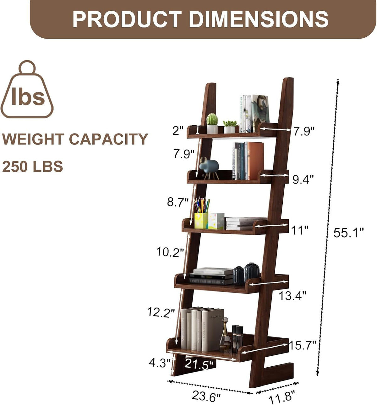 Ladder Shelf Bookcase, 5 Tier Walnut Wooden Ladder Bookshelf, Space-Saving Freestanding Storage Rack for Living Room, Home Office and Bedroom, 55.1' H
