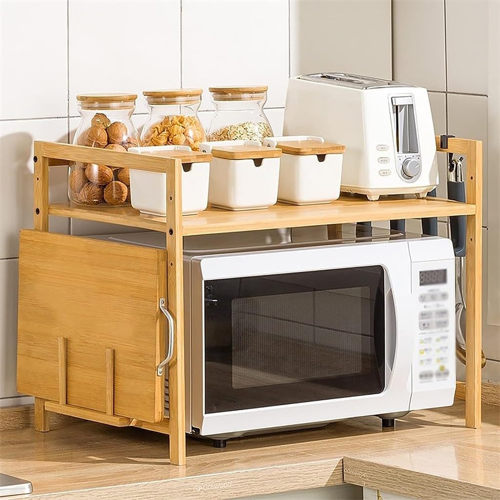 Microwave Oven Rack,kitchen countertop organizer, microwave stand,Multifunctional Microwave Rack, Wooden Bamboo Microwave Stand, 2 Layers Bamboo Microwave Oven Stand, Adjustable Kitchen Stor