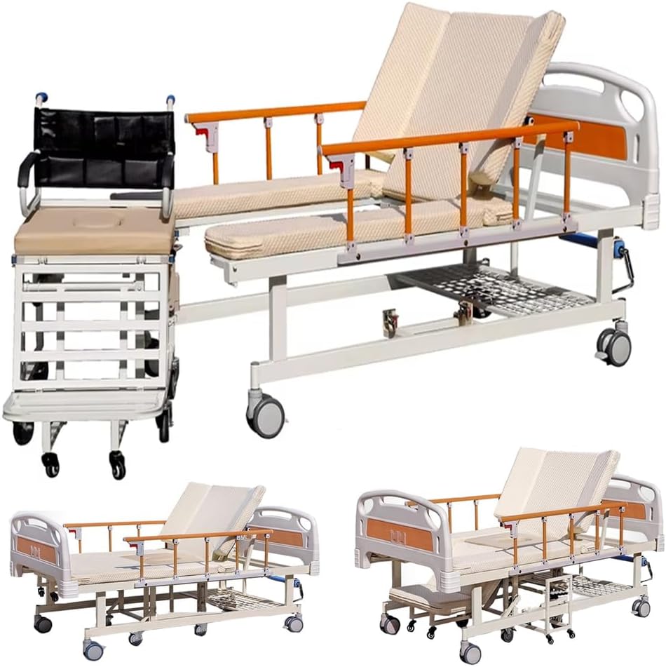 Manual Medical Beds with Premium 10 in1Function, Hospital Beds with Wheelchairs, Patient Nursing Aids with Quiet Wheels, Up to 440 LBS(213 * 106 * 53 cm)