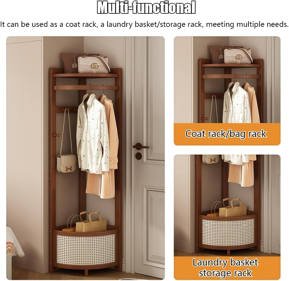 Corner Clothes Rack with Laundry Basket, Freestanding Coat Rack with Hooks, Wooden Corner Hall Tree with Storage Shelf for Bedroom, Entryway, Small Spaces(Natural)