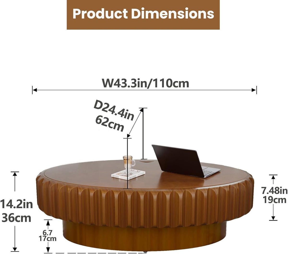 43.3'' Oval Coffee Table with Storage Drum Coffee Tables with Solid Wood Fluted, Modern Wooden Accent Center Table for Living Room, Apartment, Home, Office - Brown (Brown 43.3')