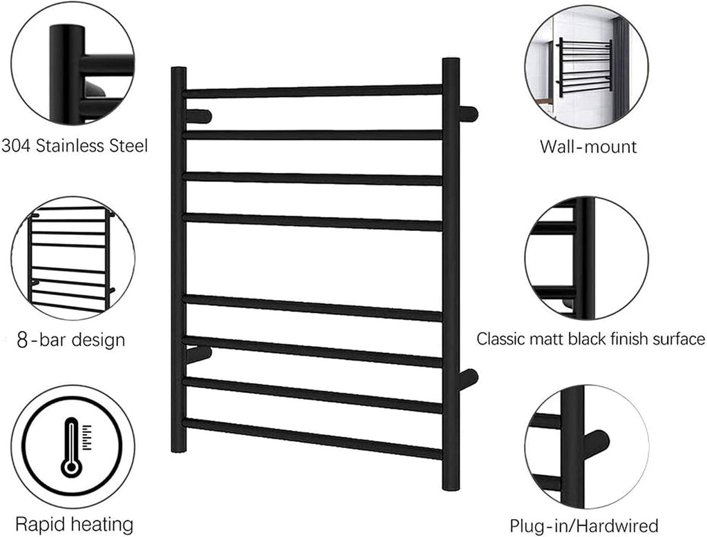 Electric Towel Rack,Wallmounted Tower Warmer Bar 4+4 Heated Bars Towel Drying Rack Heated 80W 25.6X21.6X4.4 in,Plug in,Bath Towel Dryer