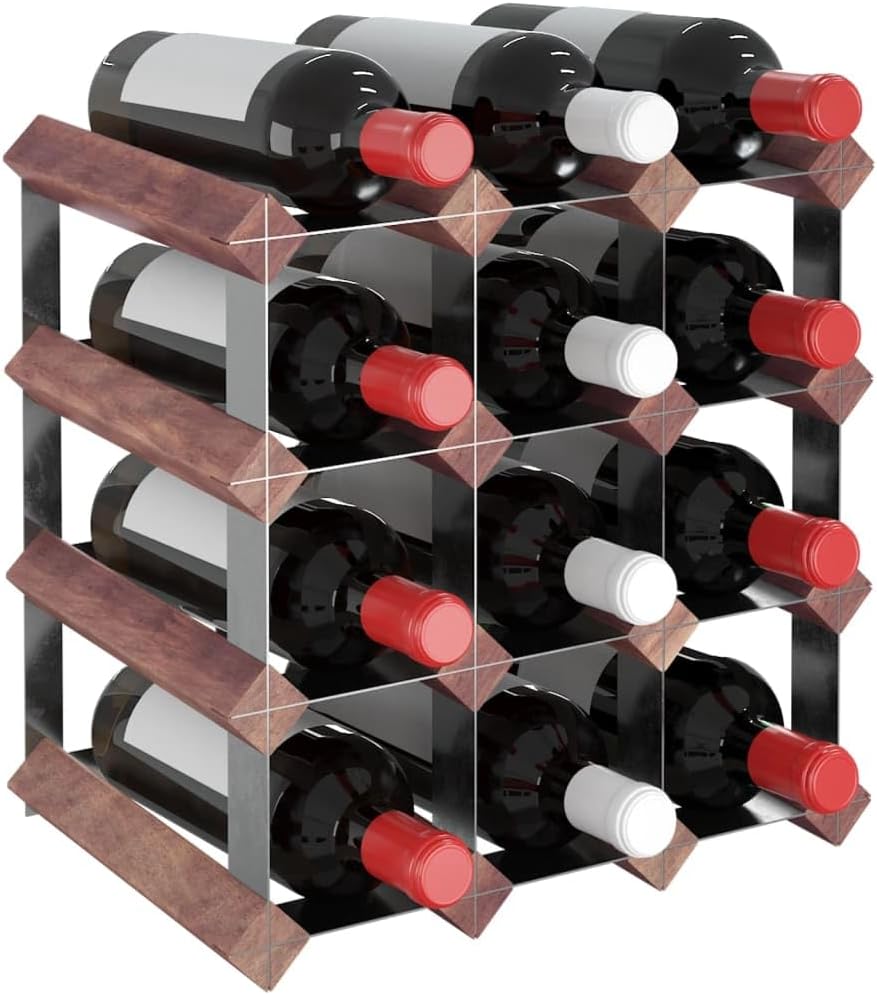 12-Bottle Wine Rack Countertop Small Solid Pine Wood & Galvanized Steel Rustic Display Shelf for Kitchen, Bar, Liquor Cabinet - Brown, Wall-Mounted Design with Mounting Hardware