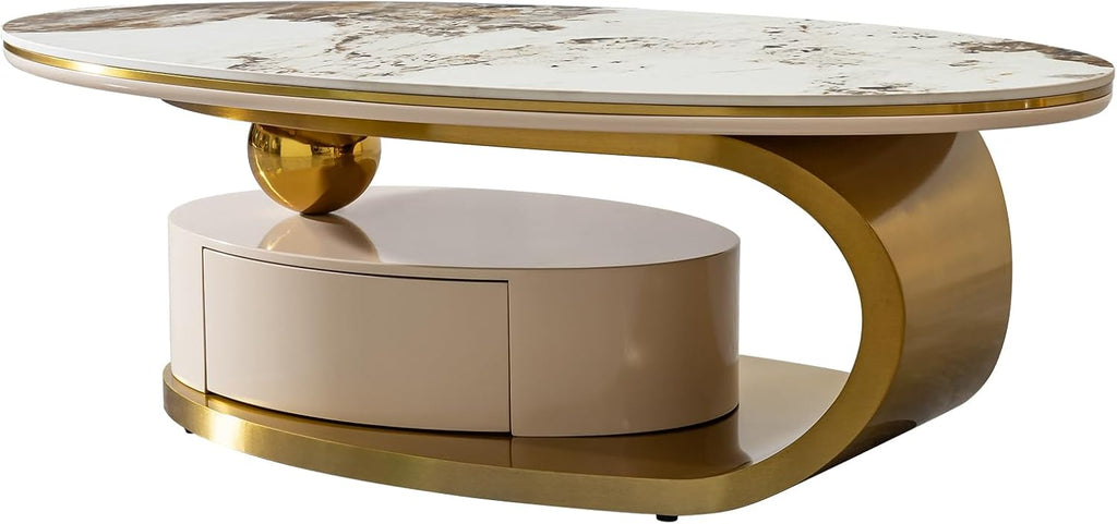 16.93' H Oval Coffee Table with Storage Drawer, Modern Center Tablet with Sintered Stone Tabletop and Marble Pattern, Luxury Coffee Tables with Gold Stainless Steel Base for Bedroom Home Office Beige