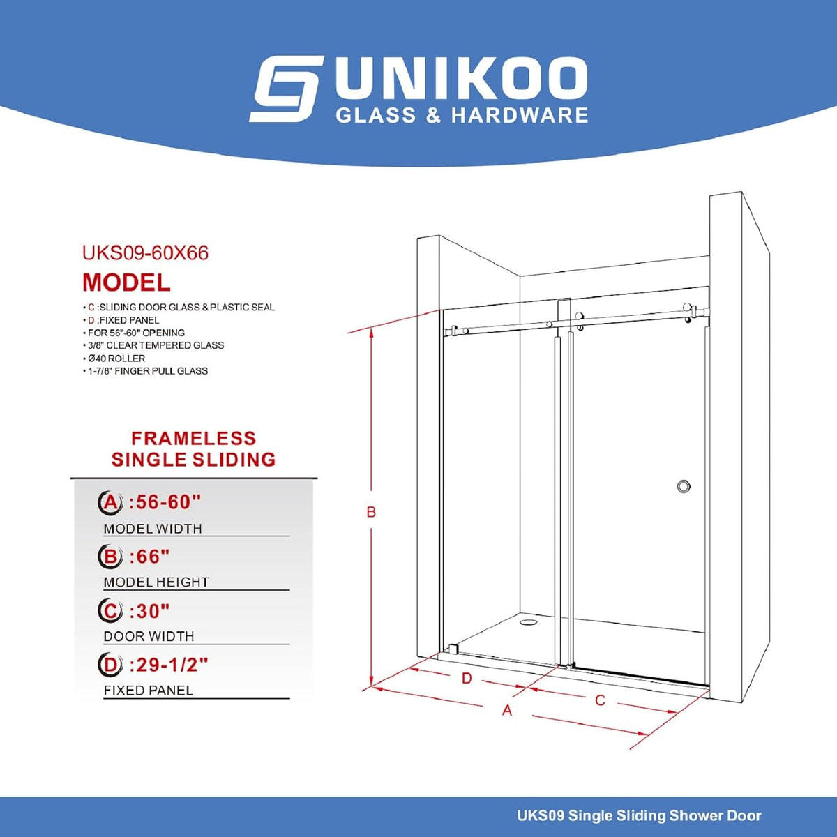 56'- 60' W×66' H Frameless Stainless Steel Sliding Shower Door in Matte Black with 3/8' (10mm) Certified Tempered Clear Glass. The Princess Series UKS09-6066-MBL