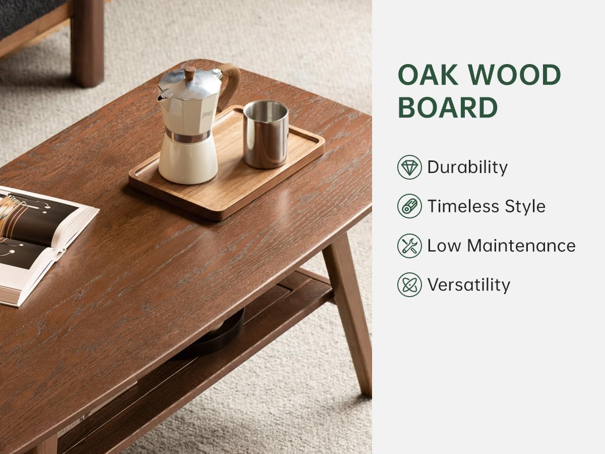 100% Solid Oak Wood Coffee Table for Living Room, 2-Tier Living Room Table with Storage Shelf, Mid Century Modern Coffee Tables (Walnut Colour, 39.37' W x19.68 D x 17.32' H)