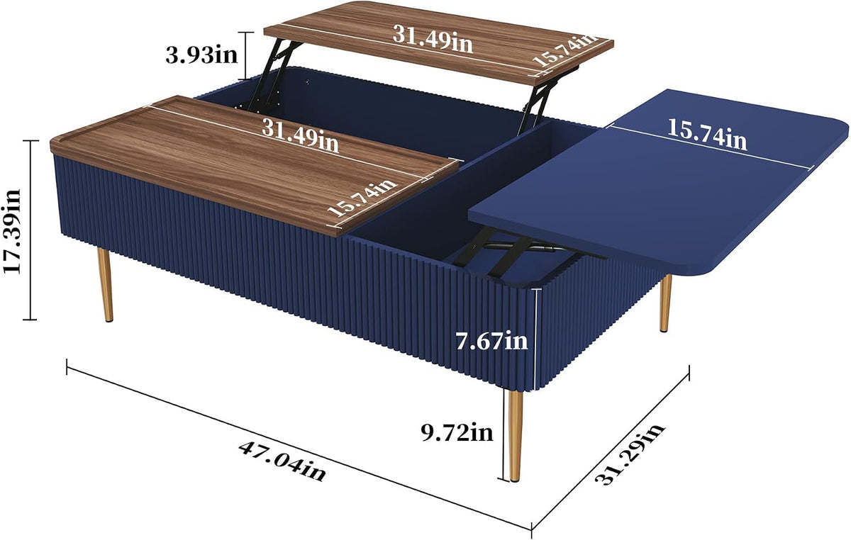 HLR 47' Dual Lift Top Coffee Table with Storage, Modern Wood Fluted Coffee Table with Hidden Compartment,Lift Tabletop Dining Center Table for Living Room, Office, Blue