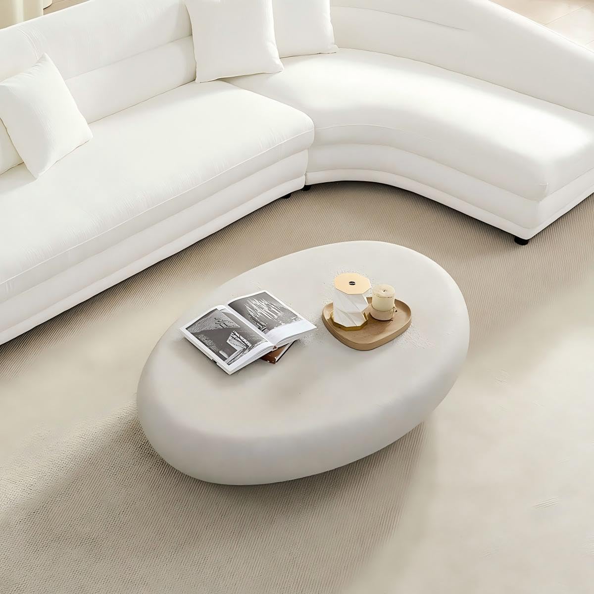 Modern Coffee Tables for Living Room 55.12'' Coffee Table Mid Century Center Large Unique Minimalist Accent Luxury Stone Low Tea Farmhouse Fiberglass No Need Assembly Rock Grey