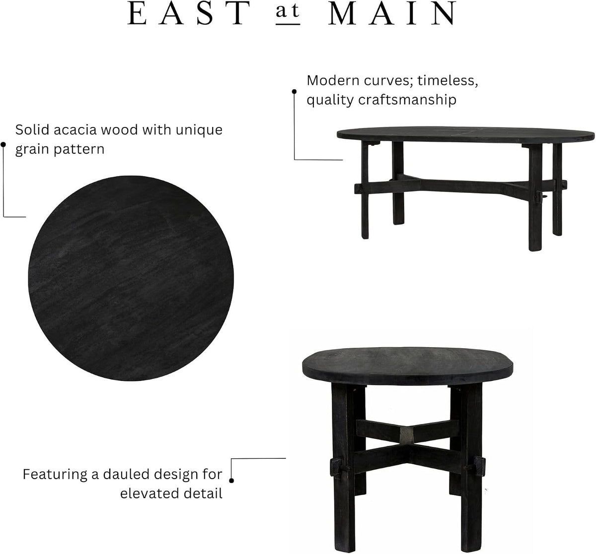East at Main Celeste Oval Coffee Table, Solid Acacia Wood, Rustic & Modern Design, Handcrafted Living Room Furniture, Distressed Black or Brown Finish, 22' D x 45' W x 18' H