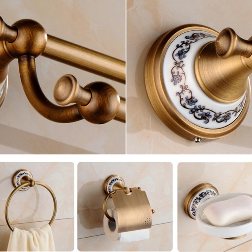 Brass Bronze Bath Towel Hook Paper Towel Toilet Brush Holder Antique Blue and White Porcelain Bathroom Hardware Accessories Set,Single Towel Bar
