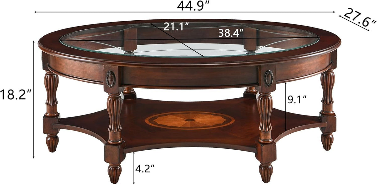 Traditional Solid Wood Oval Coffee Table, 45' x 18' Cherry Walnut Finish with Tempered Glass Top & Vintage Carved Edge, Elegant Center Table for Living Room