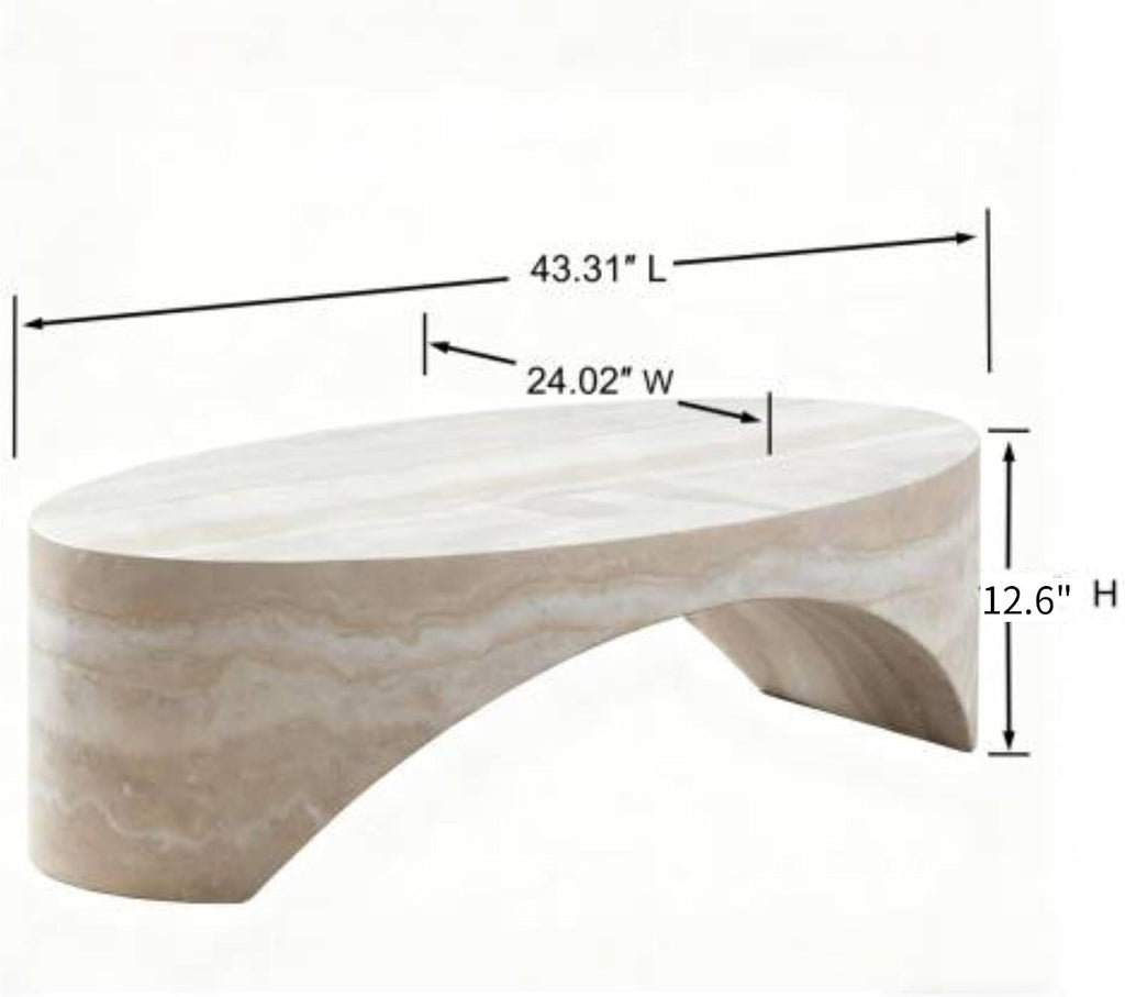 43.31' Oval Fiberglass Coffee Table, Modern Center Table for Living Room, No-Assembly Stone-Look Accent Table, Oval Marble-Inspired Coffee Table, Ivory Travertine Texture