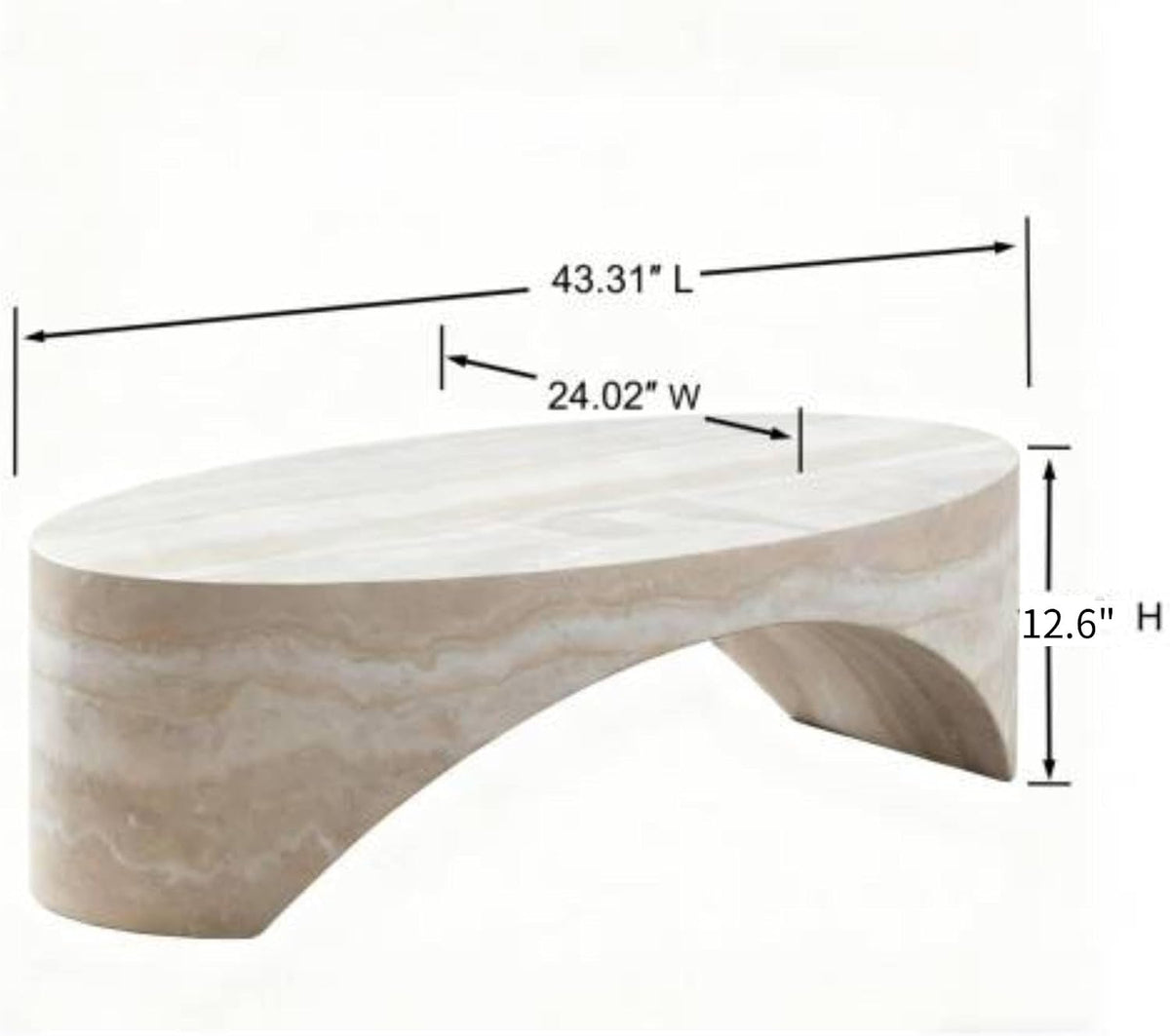 43.31' Oval Fiberglass Coffee Table, Modern Center Table for Living Room, No-Assembly Stone-Look Accent Table, Oval Marble-Inspired Coffee Table, Ivory Travertine Texture