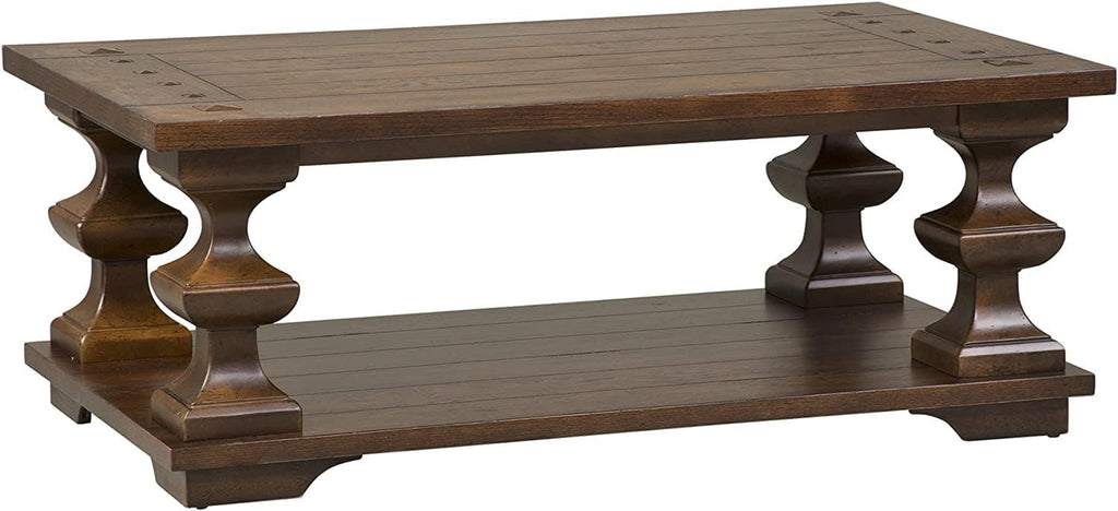 Pemberly Row Traditional Wood Cocktail Table, Brown Finish, Spanish Style Turned Legs, Heavy Planked Top, Bottom Shelf, Square Peg Accents, 50 in Wide Coffee Table for Living Room Storage and Display