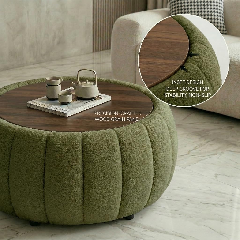Ottoman Coffee Table for Living Room, Wooden Top Large Storage Ottoman, 30 Inches Round Coffee Table, Pumpkin Shaped Side Table, Multifunctional Teddy Fabric Footstool (Green)