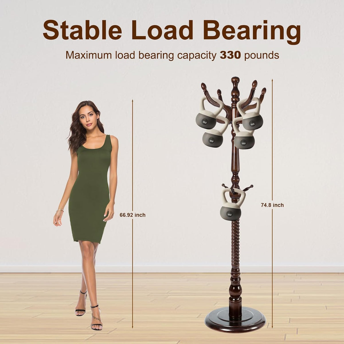 Solid Wood Coat Stand, Freestanding with Stable Base, 70' Birch Coat Tree Organizer for Home, Bedroom, Office, Hallway & Entryway with 11 Hooks