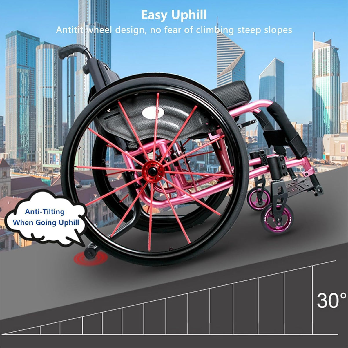 Folding Sports Wheelchair,Adult Lightweight Wheelchair,Aluminum Alloy Wheelchair,Outdoor All Terrain Wheelchair,Sports Folding Transport Wheelchair,Manual Wheelchair,Prevent Rear Tilt(White,38cm/15in)